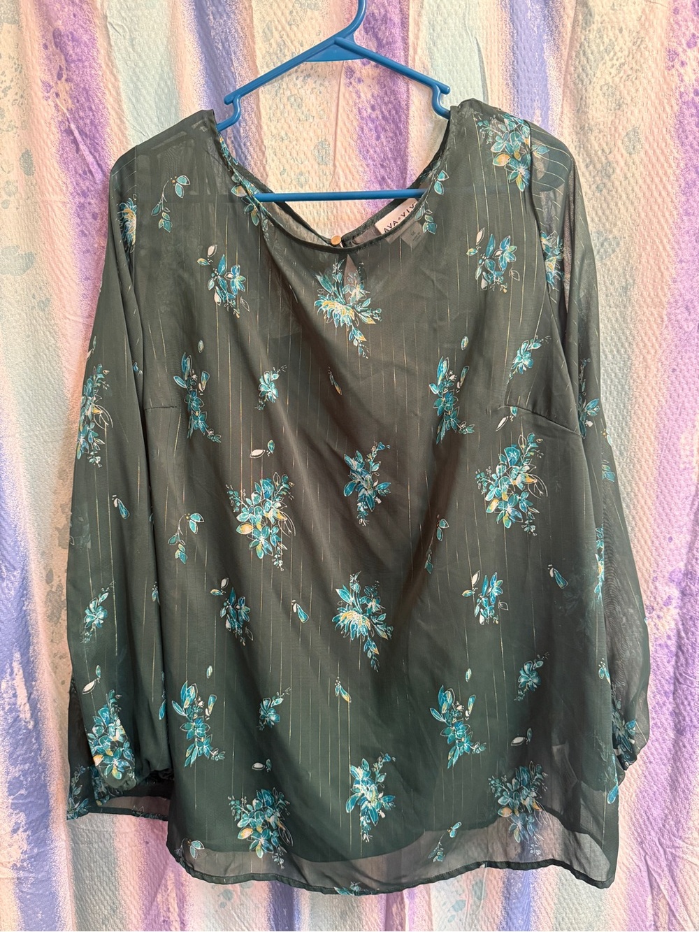 Ava & Viv Black Floral Chiffon Blouse with Teal Accents